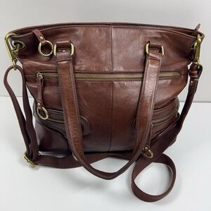 TARNISH Leather Hobo Crossbody Tote Bag Multi Zip Brass Boho Chic Shoulder Purse